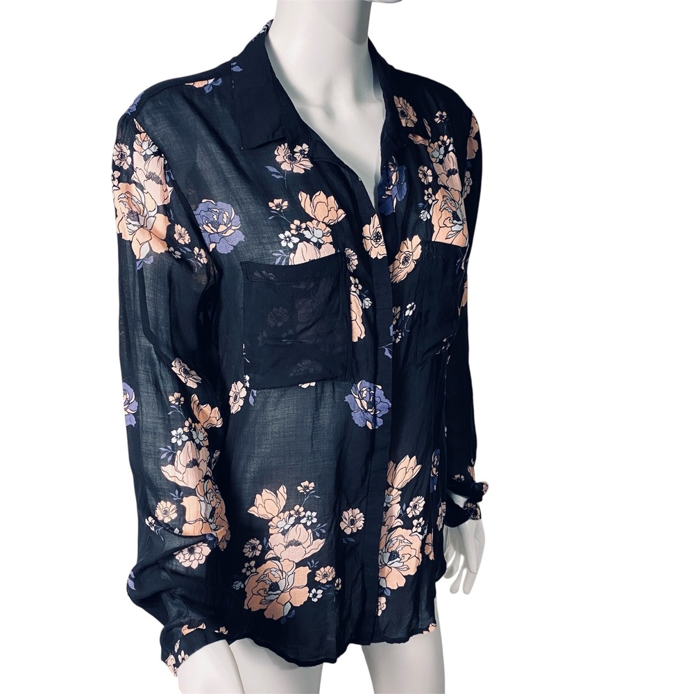 Cloth & Stone Anthropologie Navy Floral Button Down Shirt Flowy Rayon S. Large
